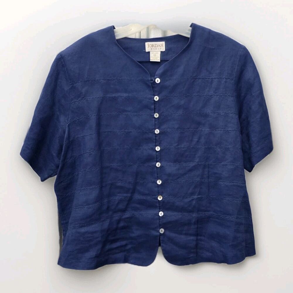 Vintage Jordan Women's 16W 100% Linen Boxy Button-Up Top Navy Blue Cottagecore